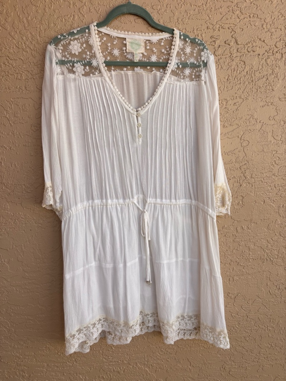 Anthropologie Cream Lace-Trim Peasant Tunic